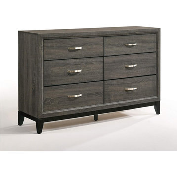 Contemporary Dresser, Double Design With 6 Drawers, Weathered Gray Finish