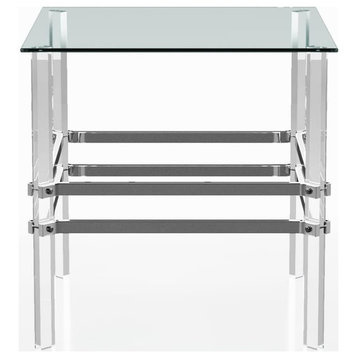Contemporary End Table, Chrome Finished Base With Square Clear Glass Top