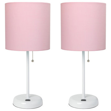 White Stick Lamp With Usb Charging Port/Fabric Shade 2 Pack Set, Light Pink