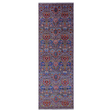 Grey Persian Tabriz Wool & Silk Handmade Runner Rug 4' 1" X 12' 2" - Q22531
