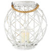 Large Woven Rattan White Lantern w/ Burlap Jute Rope Handle & Glass Insert