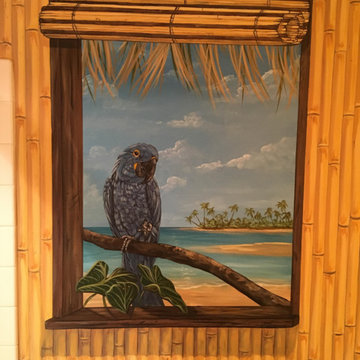 Polynesian Themed Mural thoughout a bathroom, hand-painted by Tom Taylor