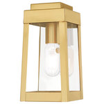 Livex Lighting - Livex Lighting Satin Brass 1-Light Outdoor Wall Lantern - This updated industrial design comes in a tapering solid brass satin brass frame with a sleek, straight-lined look and features clear glass panels.