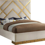 Meridian Furniture - Vector Upholstered Bed, Cream, King, Velvet - Take your bedroom space to a whole new modern level with this Vector cream velvet king bed. Posh velvet upholstery in a lovely cream color is intersected by polished gold metal in a geometric design that is nothing short of spectacular. This stunning bed has a gold metal base to finish off the presentation on a glamorous and upscale note. Full slats are included with the bed to help provide support for your mattress, and the platform footprint ensures you need no box springs or foundation to recreate this look at home.