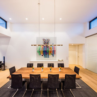 フランクフルトの広いコンテンポラリースタイルのLDKの画像 (白い壁、無垢フローリング)