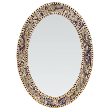 Oval Crackled Glass Mosaic Wall Mirror, 32.5"x24.5", Fired Gold