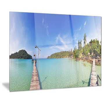 "Piers and Palm Trees on Island" Landscape Photo Metal Art, 28"x12"