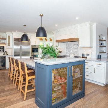 Full Kitchen View with Navy Island, Wine Fridge, and Wire Mesh Cabinets | San Di