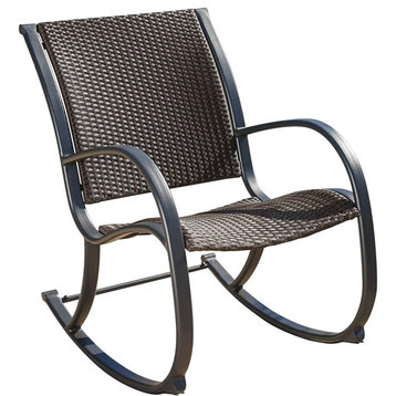 Comfortable Rocking Chair, Curved Metal Frame & Wicker Seat, Dark Brown Ridged