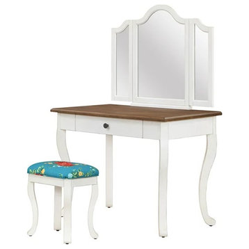 Transitional Vanity Set, Table With Tri-Fold Mirror & Floral Upholstered Stool