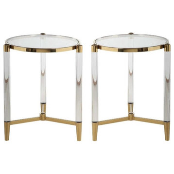 Home Square 20" Round Tempered Glass Lamp Table in Clear & Brass - Set of 2