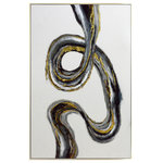 Harp and Finial - Wave Framed Canvas Art Hand Painted Abstract Champagne Frame - The Wave Framed Canvas Art could be a wisp of smoke, a twisted waterway or a curl of gold and black hair. Or it can be whatever the viewer wants it to be. Handpainted with acrylics and accented with gold leaf, this canvas will add curvy intrigue into any large, modern space.