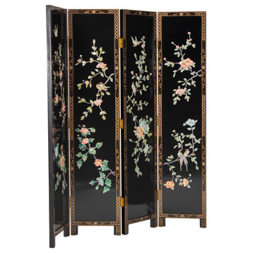 Tall 4 Panels Room Divider, Lacquered Black Finish With Birds & Flowers Painting