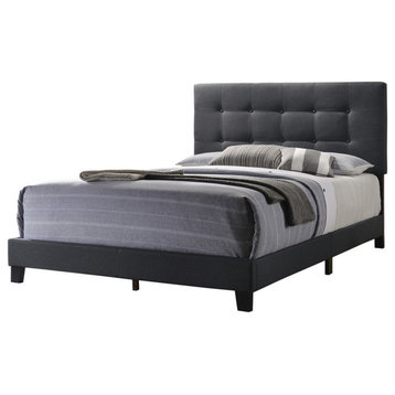 Benzara BM216087 Full Size Bed with Square Button Tufted Headboard, Dark Gray