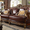 Traditional Style Mahogany & Metallic Bright Gold Leather Wood Finish Sofa