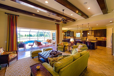 Mid-sized trendy formal and open concept ceramic tile living room photo in Tampa with beige walls and no tv