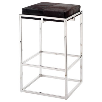Luxe Open Geometric Silver Frame Bar Stool Chocolate Brown Hair on Hide Square