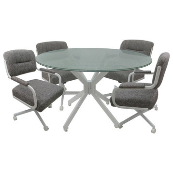 Glass Dinette Set Swivel Caster Chairs Grey, White, Crackle Glass