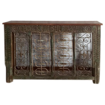 Consigned Iron Jali Carved TV Media Console Table, Ornate Green Carved Console