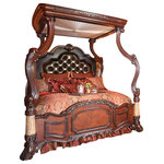 AICO - Victoria Palace 4-Piece Eastern King Canopy Bedroom Set - The Victoria Palace collection by Michael Amini, featuring exuberant embellishments, Flemish scroll legs, and leather finishes, embraces the spirit of traditional Baroque design. The collection features ornate carvings in rich detail and large, grand furniture pieces. Baroque design is intended to be overtly lavish, and this collection demands attention. The light espresso finish gives a rich dimension to the wood, and the unstained wood sections in each piece are reminiscent of the gold leaf that was prevalent on furniture in the period. The antiqued gold hardware gives the appearance of age without the cost. Bring the regal Baroque style in to your home and live like a king.