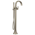 Moen - Moen One-Handle Tub Filler Includes Hand Shower, Brushed Nickel - A graceful arc and unique, soft-stream water flow, make Doux the perfect addition to any bathroom interior as it redefines modern in the language of great design. The D-shaped spout was carefully crafted to present the water in a flat, thin silky ribbon to continue the clean lines of the faucets smooth, wide form.
