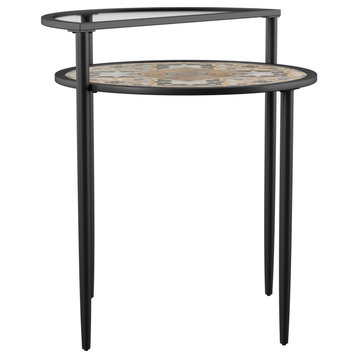 Indoor Outdoor End Table, Iron Frame With Tiled Ceramic Top & Tiered Glass Shelf