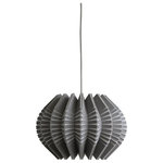 Ciara O'Neill - Spine Small Pendant Light, Grey - Elevate the visual appeal of your space with the grey Spine Small Pendant Light that takes its inspiration from the geometric patterns found in sea urchin shells. Tight radial curves impose their structure on pleated segments which dictate the shape of the silhouette. This material of this pendant lamp gently diffuses light while also radiating light more intensely where the surface material splits apart. Using bespoke components and artisan production techniques, this pendant light is skillfully handcrafted and produced in Ciara O'Neill's East London studio. Please note the long lead time is due to the fact that this product is handcrafted and made to order. This allows us to ensure that you receive a high-quality, personalised product.