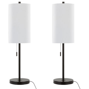 32" Oil Bronze Table Lamp Set With USB Port & White Linen Shade, Set of 2