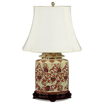 Red and Gold Floral Vine Motif Asian Porcelain Lamp