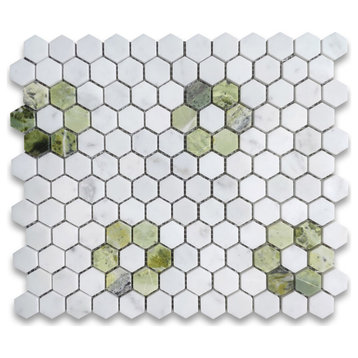 Carrara White Marble Hexagon Rosette Mosaic Tile Green Jade Honed, 1 sheet
