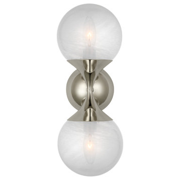 Cristol Small Double Sconce in Polished Nickel with White Glass