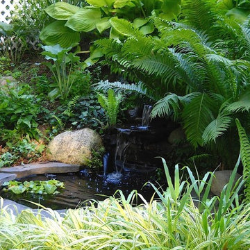 Small water fall at base of stairs