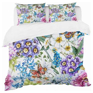 Blue Bird and Purple Blossoming Flowers Floral Duvet Cover, King