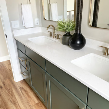 Angled Kitchen Design with Slab Style Cabinets in Pecan Stain