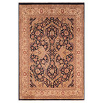 Bareens Designer Rugs - Antique Vegetable Dyed Agra Joslyn Blue/Gold Wool Rug - 8'1'' x 10'5'' - Designed with mesmerizing intricacy and gorgeous color palette, this hand-knotted masterpiece demonstrates the beauty and electrifying thrill of Pak Persian art. These meticulously hand-knotted Pak-Persian rug is made with pure wool and features breathtaking traditional, transitional, and tribal designs in bold luxurious color pallets. Known for their intricate designs these rugs are a reproduction of Persian rugs, made in Pakistan with unique Mughal designs. Made by master weavers using the same Persian texture, design and dying technique, we wanted to produce the most significant manifestation of Persian art, life, and culture. This rug is most famous for its exceptional quality, incredible designs, patterns, and vibrant rich color. Pak-Persian rugs made with Persian weave with high knot counts, which enables the high intricacy and detail found in the patterns are also referred to as "State of art", each color adds a rich beautiful detail in the artwork of this rug. The design, color, and beautiful chromatic composition with a vibrant sheen with intricate designs, exude beauty, elegance, and quality make this rug a masterpiece of its own.