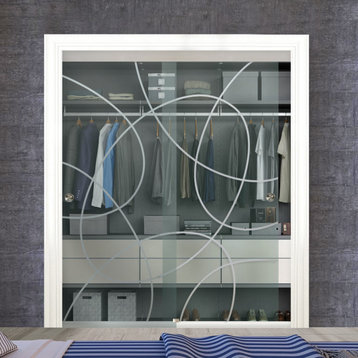 Frameless 2 Leaf Sliding Closet Bypass Glass Door, Geometric Design., 60"x96" In