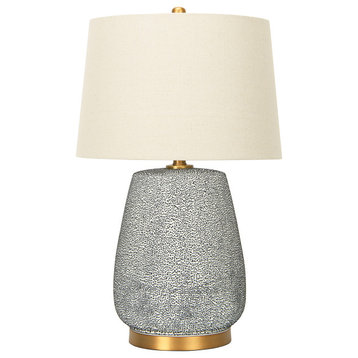 Textured Blue Glaze Ceramic Table Lamp With Natural Linen Shade, Large