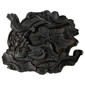 Chinese Oriental Wood Pad Shape Lotus Birds Display Figure Art Hws2580