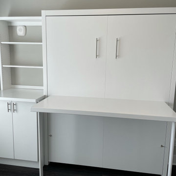 Custom Built Vertical Queen Size Murphy Bed with Desk Combo, In White