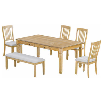 6-Piece Retro 72'L Rectangular Dining Table Set, Natural Wood Wash