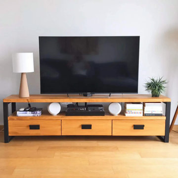 Rokko Solid Pine Wood TV Stand | Industrial Media Console With Metal Base