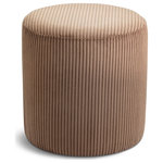 Meridian Furniture - Roy Microsuede Fabric Upholsetered Ottoman/Stool, Brown, Round - Upgrade your living space with the Roy Microsuede Fabric Ottoman/Stool. This versatile piece of furniture not only adds a pop of color to your room but also serves as a comfortable and practical seating option. The soft brown microsuede fabric and corduroy texture provide a cozy and inviting feel that blends seamlessly into any decor style. The round compact design of the Roy Microsuede Fabric Ottoman/Stool makes it perfect for small spaces, while the sturdy construction ensures durability and longevity.