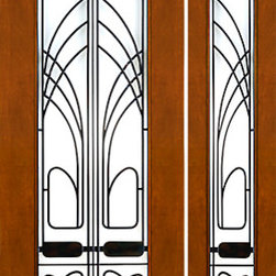 Prehung Prehung 2-1/4" Thick Art Nouveau Mahogany Door Sidelite Low-E Glass Iron - Front Doors