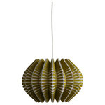 Ciara O'Neill - Spine Small Pendant Light, Olive - Elevate the visual appeal of your space with the olive-coloured Spine Small Pendant Light that takes its inspiration from the geometric patterns found in sea urchin shells. Tight radial curves impose their structure on pleated segments which dictate the shape of the silhouette. This material of this pendant lamp gently diffuses light while also radiating light more intensely where the surface material splits apart. Using bespoke components and artisan production techniques, this pendant light is skillfully handcrafted and produced in Ciara O'Neill's East London studio. Please note the long lead time is due to the fact that this product is handcrafted and made to order. This allows us to ensure that you receive a high-quality, personalised product.