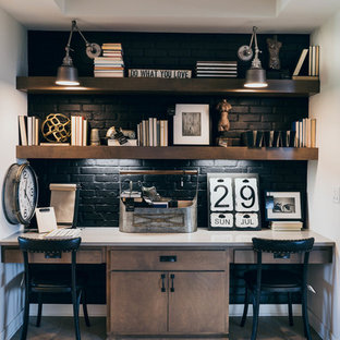 Design ideas for a country study in Omaha with white walls, light hardwood flooring, a built-in desk and beige floors.
