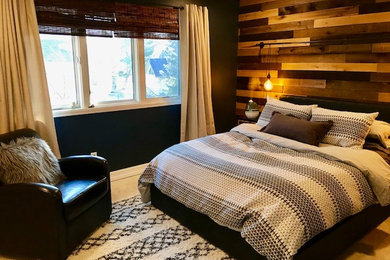 Bedroom - industrial carpeted bedroom idea in Denver with blue walls
