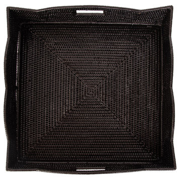 Artifacts Rattan™ Square Tray With Glass Insert, Tudor Black, 20"x20"x4.5"