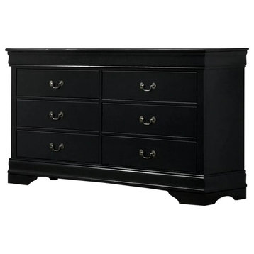 6 Drawers Wood Dresser with Metal Handles in Black Finish