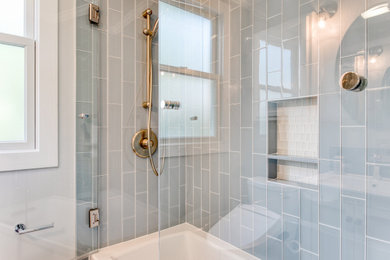 Small transitional kids' blue tile and glass tile light wood floor and single-sink bathroom photo in San Francisco with gray walls, a hinged shower door, a niche and a freestanding vanity