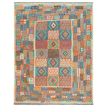 Colorful, Veggie Dyes Organic Wool Hand Woven, Afghan Kilim Rug, 9'9"x13'0"